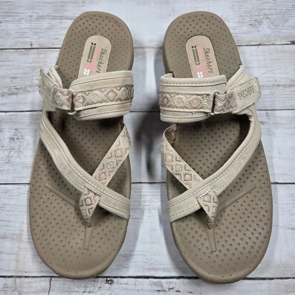 Skechers Reggae Slim Strappy Thong Sandal Women 11 Natural Beige 40798 Geometric